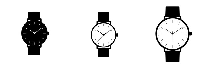 Different styles of wristwatches in silhouette vectors showcasing functionality and design variations in timepieces