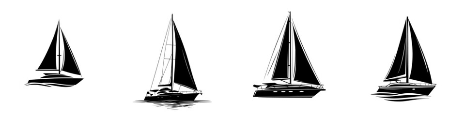 Vector icons of various sailing boats represented in silhouette style for design and illustration purposes
