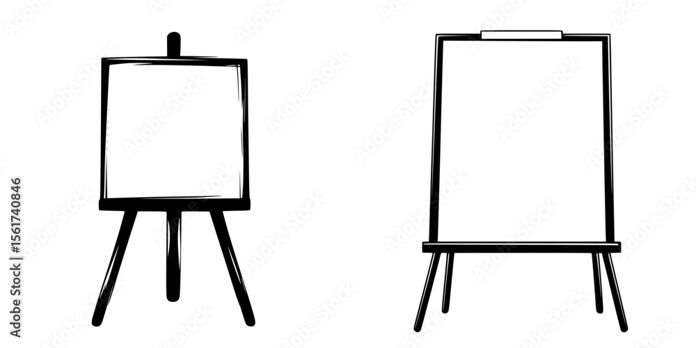 Poster collection of silhouette pictograms depicting blank easels for art display in various orientations a