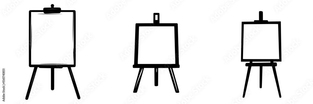 Poster silhouette pictogram icons set showcasing various easels in different styles and arrangements