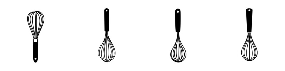 Naklejka premium Unique set of four whisk silhouettes representing different styles for culinary use in kitchen decor