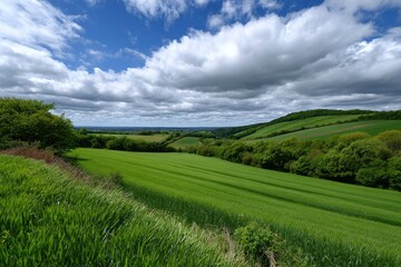 Fototapeta premium Rolling green fields stretch beneath a cloudy sky showcasing a serene rural landscape