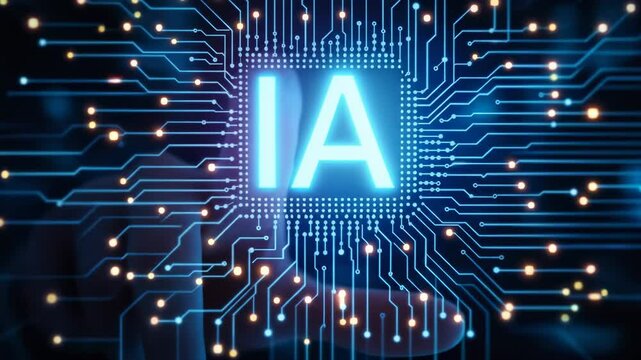 IA - Ic&ocirc;ne d'IA holographique flottant dans l'air. D&eacute;veloppement de l'intelligence artificielle en France.