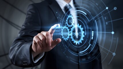 Businessman Interacting with Futuristic Digital Gear System
