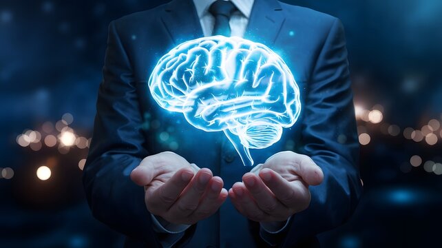 Businessman Holds Holographic Brain Representing AI or Innovation - Powered by Adobe