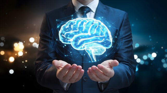 Businessman Holds Holographic Brain Representing AI or Innovation
