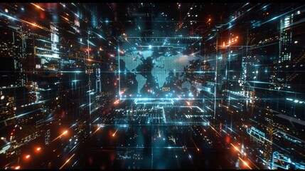 A holographic display of a global network, illustrating the interconnectedness of digital communications and the flow of information across continents. 8k, realistic, full ultra HD, high resolution, a