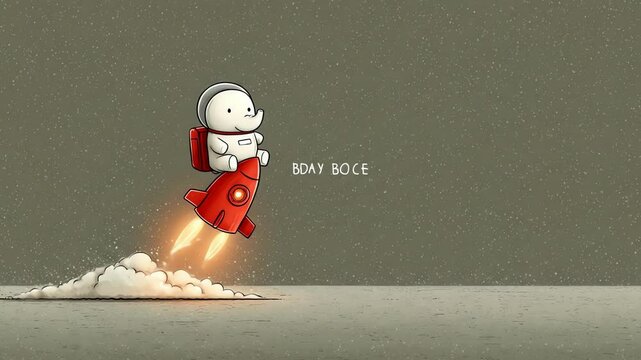 A cartoon astronautelephant rides a rocket text BDAY BOCE against a space scene with earth and stars