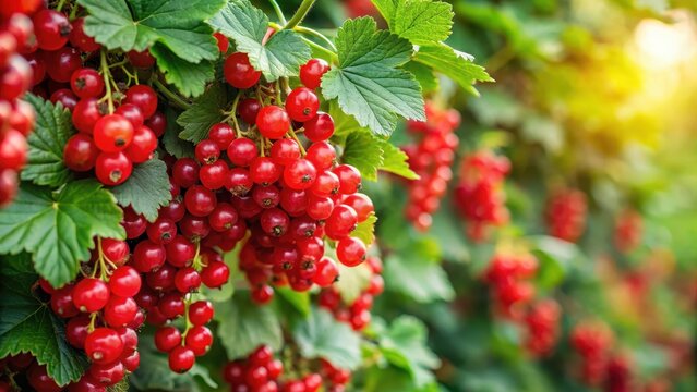 Lush bush covered with ripe red currant berries in summer, summer harvest, outdoor,  summer harvest, outdoor, fruit, bush