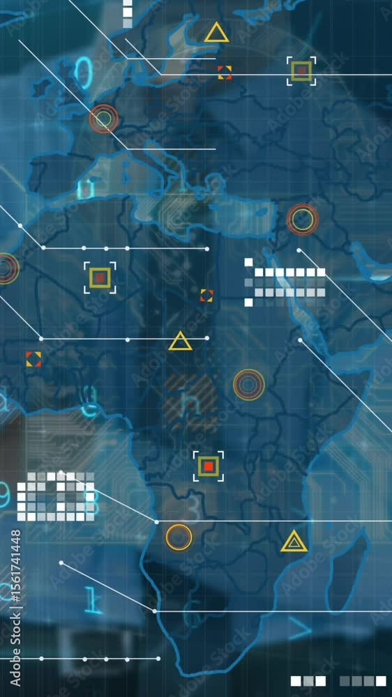 Poster animation of world map, cyber security data processing against mid section of thoughtful businessman