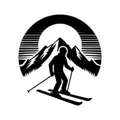 Silhouette of a skier descending a snowy mountain under a stylized sun