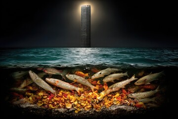 A towering skyscraper pierces a dark night sky,  overlooking a vibrant underwater scene teeming with fish amidst a scattering of colorful debris