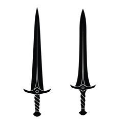 Four stylized monochrome sword designs; fantasy, medieval, game asset, vector illustration.