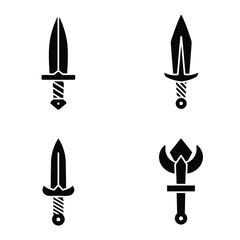 Four stylized monochrome sword designs; fantasy, medieval, game asset, vector illustration.