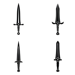 Four stylized monochrome sword designs; fantasy, medieval, game asset, vector illustration.