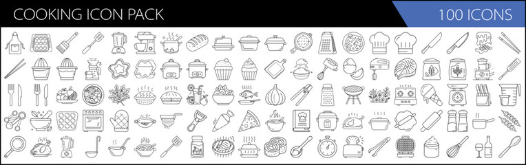 one hundred Kitchen & Culinary Line Icons, Cooking Icon Pack
