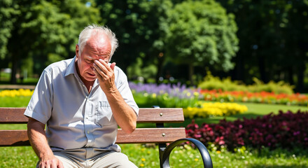 Senior man with a headache sitting on a park bench, suffering from sunstroke. Heat exhaustion symptoms and health problems in the elderly during summer, banner with copy space.