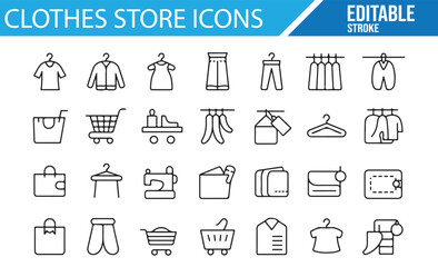Editable vector icons for clothes store, clothing items, and retail shopping.