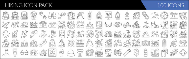 one hundred Outdoor Adventure Line Icons, Hiking Icon Pack