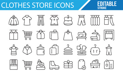 Editable vector icons for clothes stores, featuring symbols for clothing items, shopping carts, hangers, mannequins, and accessories. Ideal for retail, fashion, and shopping-related themes.