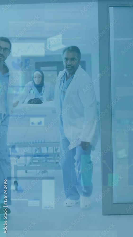 Poster animation of data processing over team of diverse doctors moving a patient in operation theater