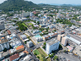 Aerial drone view of Phuket Old Town, Thailand, showcasing vibrant streets, colorful colonial...
