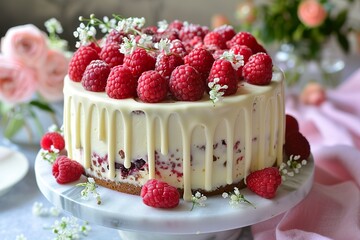 A delicate vanilla bean cake with fresh raspberries and a thin layer of white chocolate ganache. 