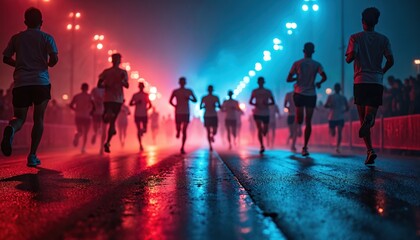 Dynamic night event featuring runners in motion illuminated by vivid colorful lights. Group of athletes runs during marathon race along city street. Energetic runners in competition.