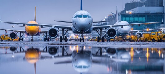 The modern airport scene showcasing multiple aircraft and vibrant reflections.