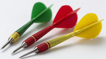 Red, green, and yellow darts laid out against a white background