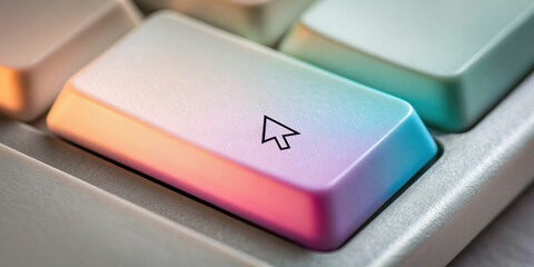 Close-up of a colorful keyboard key with a cursor symbol.
