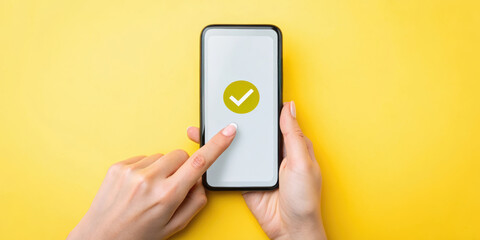 Smartphone interaction with confirmation checkmark on yellow background.