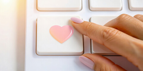 A finger pressing a heart button on a keyboard.