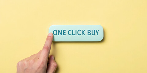 A hand pressing a "One Click Buy" button on a yellow background.