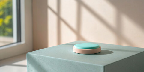 Modern minimalist decor with a round turquoise object on a textured surface.