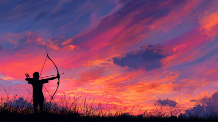 The silhouette of an archer shooting into a vibrant, colorful dawn sky