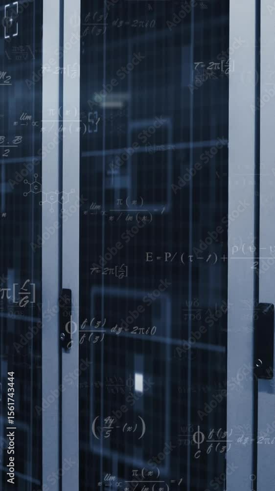 Poster animation of mathematical equations and light spot against computer server room