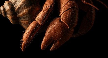 Captivating closeup of a hermit crab emerging from its shell showcases intricate details and textures against a dark backdrop.