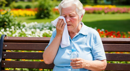 Elderly woman suffering from heat on a park bench, wiping her face and holding water. Dehydration and heatstroke prevention. Summer health risks for seniors, banner with copy space.