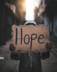 Man holding cardboard sign with word Hope in urban street, poverty and homelessness concept, dark moody background, social documentary photo, human rights, empathy and solidarity, survival
