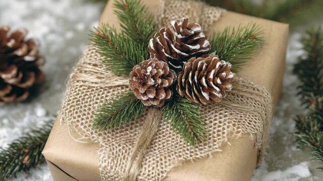 Brown and white pinecones with string tied around a gift package, evoking winter and festive giving.