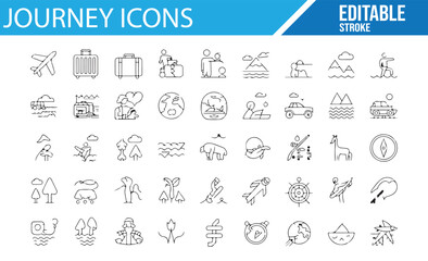 Vector icons for travel, exploration, transportation, and hiking in a journey.