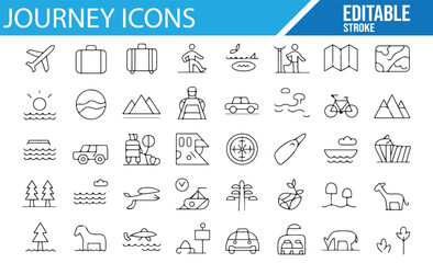 Set of icons representing adventure, road trips, hiking, and outdoor exploration.