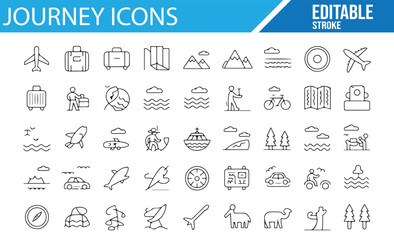 Editable vector icons for different stages of a journey, including travel, hiking, and transportation.