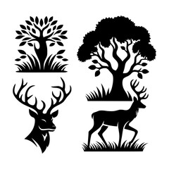 Fototapeta premium Black silhouette of deer and trees with foliage on white background