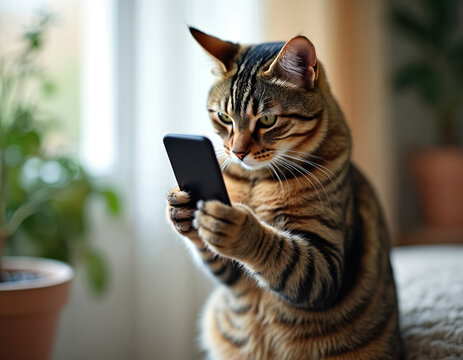 Tabby cat uses smartphone. Domestic cat, digital device. Cute animal, mobile phone, tech, indoors. Pet interacts with modern technology. Internet, social media concept.
