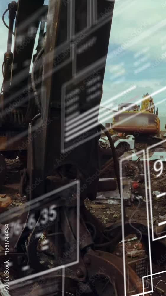 Poster animation of data processing against hydraulic lifting machine with claw attachment at junkyard