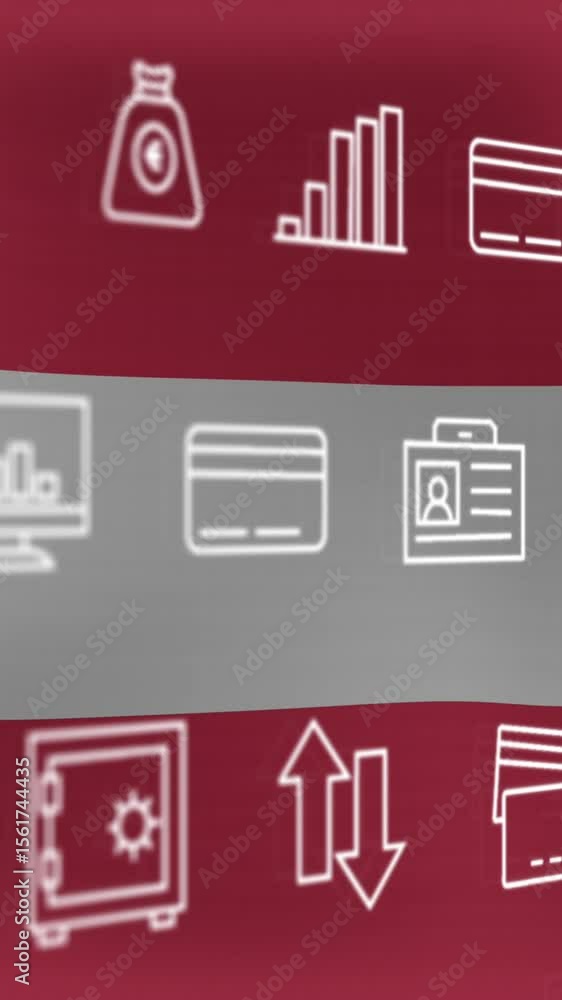 Poster animation of interface with multiple digital icons against waving austria flag background