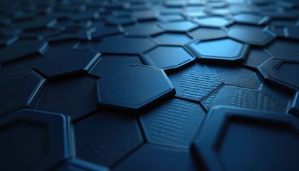 Obraz premium Dark blue 3D hexagonal pattern. Geometric abstract design tech background. Digital art, modern futuristic structure. Tech, cyber, web, UI, UX, data visualization, science, engineering design,