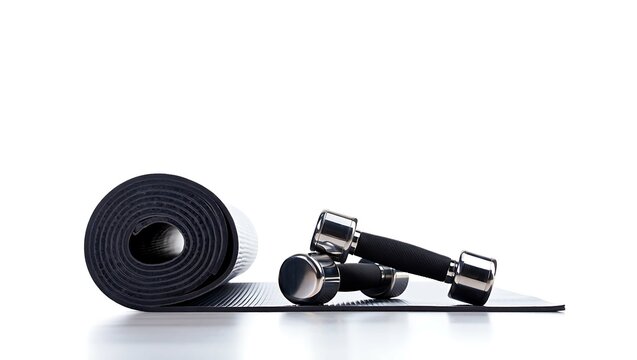 Rolled black yoga mat with a pair of shiny chrome dumbbells resting on it against a white background
